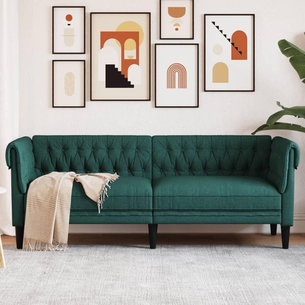 The Living Store Divano Chesterfield 3 Posti In Tessuto Verde Scuro-image