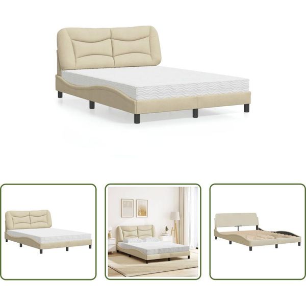 The Living Store Letto Con Materasso Crema 140X190 Cm In Tessuto-image