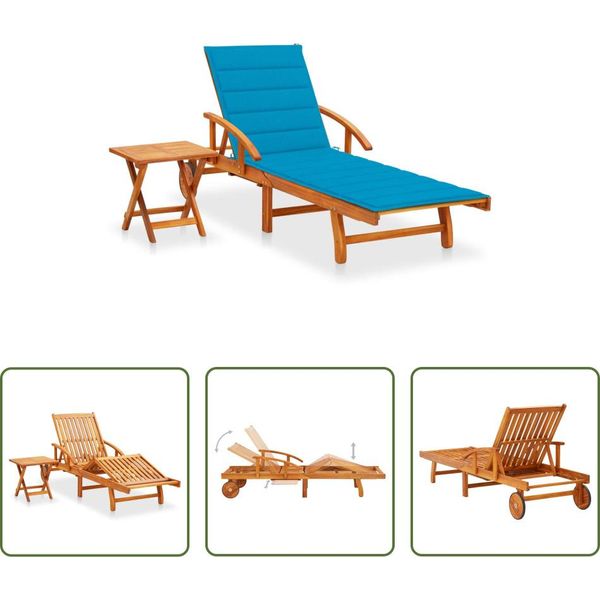 The Living Store Lettino Prendisole Con Tavolino E Cuscino In Legno Massiccio Di Acacia-image