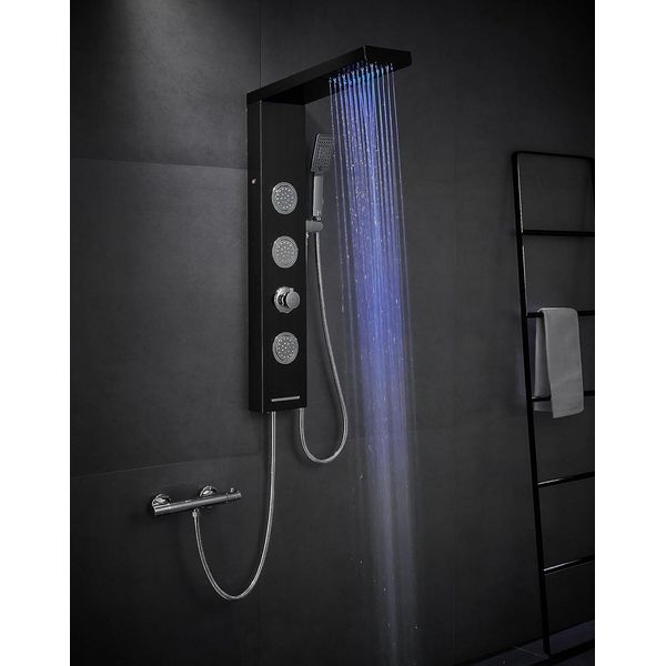 Pannello Doccia Senza Rubinetto, Pannello Doccia Nero A 4 Funzioni Con Doccia A Pioggia, Getti Massaggianti, Doccetta E Bocca Da Bagno, Pannelli Doccia Completi-image