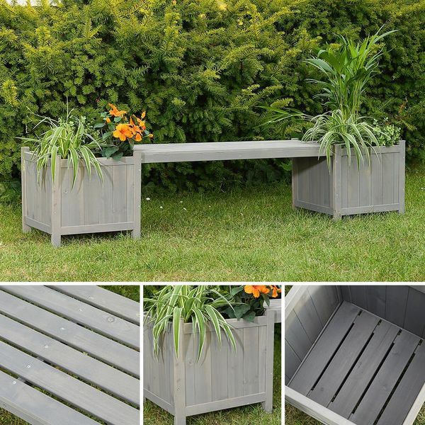 2 Fioriere Con Panchina Da Giardino In Legno Grigio Panchina Da Giardino Fioriera Panchina In Legno-image