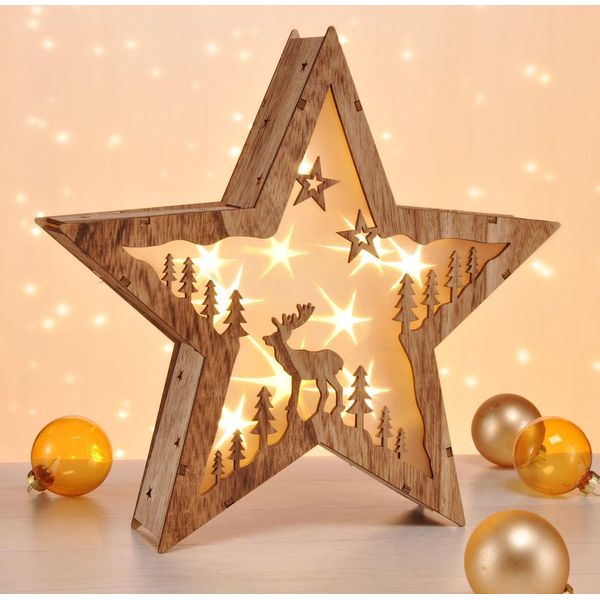 Stella Di Natale A Led In Legno 30 Cm - Renna - Decorazione Da Tavolo Bianco Caldo Illuminata - Stella Di Natale Dell'avvento Invernale Decorazione Da Tavolo Illuminazione A Batteria-image