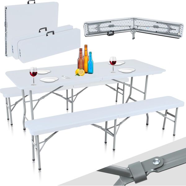 Tavolo Da Buffet Strattore Set Tenda Da Birra Pieghevole Con Tavolo E 2 Panche - In Plastica In Bianco-image