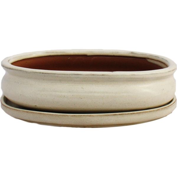 Ciotola Bonsai Con Piattino Gr. 3 - Beige Chiaro - Ovale - Modello O47 - L 19Cm - P 13,5Cm - H 5Cm-image