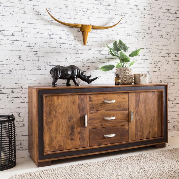 Finebuy Credenza In Legno Massiccio Di Sheesham 160 Cm 2 Porte E 3 Cassetti - Cassettiera Solida E Retrò Con Pelle - Credenza Di Design Naturale - Fatto A Mano Industriale-image