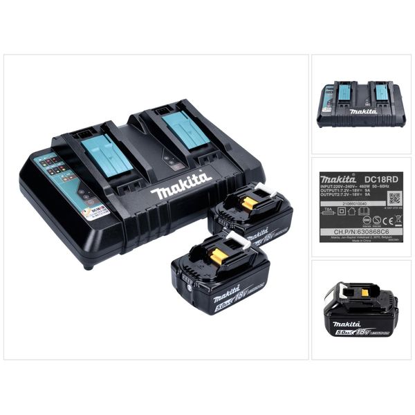 Makita Power Source Kit 18V Con: 2X Batterie Bl 1850 5,0 Ah 18 V + Caricatore Doppio Dc 18 Rd-image