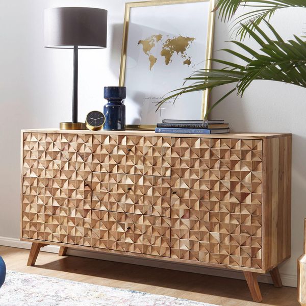 Finebuy Credenza In Legno Massiccio Di Acacia 140 Cm 2 Ante E 3 Cassetti - Cassettiera In Massello Retrò Con Frontale Di Design - Credenza Naturale - Fatto A Mano Industriale-image