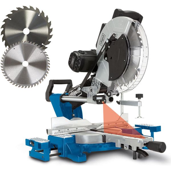 Sega Per Tagli Trasversali Scheppach HM140L Sega Per Tagli Obliqui Con Laser E Led | Altezza Di Taglio 105 Mm | Larghezza Di Taglio 330 Mm | 230V 2000W | Incl. Seconda Lama-image