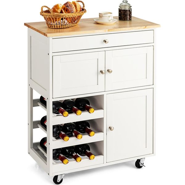 Costway Carrello Portavivande Con Cassetti E 3 Livelli, Carrello Da Cucina Carrello Portavivande In Legno Bianco-image