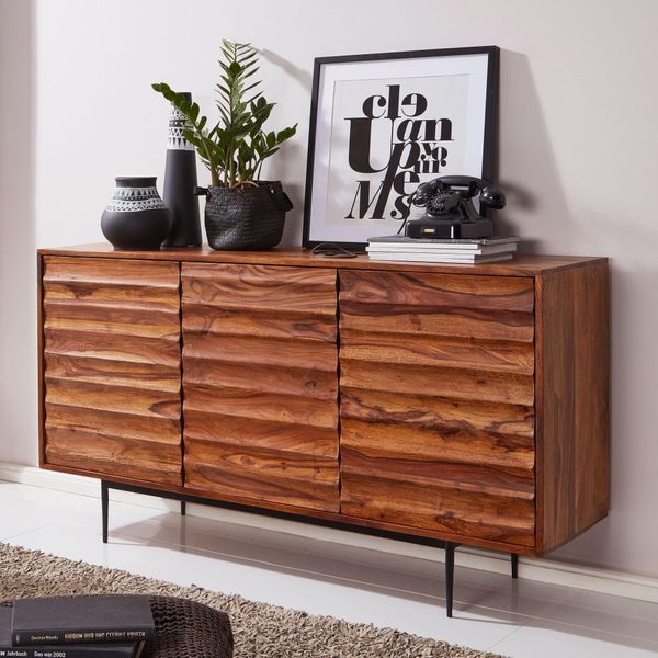 Finebuy Credenza In Legno Massiccio Di Sheesham Da 150 Cm Con 3 Ante - Solida Cassettiera Retrò Con Sensazione 3D - Credenza Naturale Di Design - Realizzata A Mano - Industrial-image