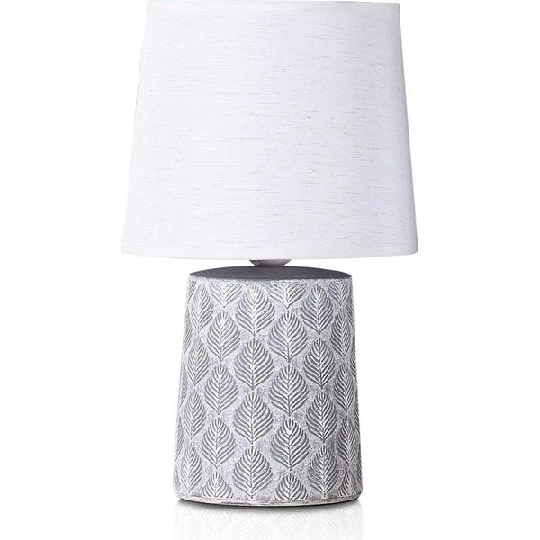 Brubaker Lampada Da Tavolo Lampada Da Comodino - 33 Cm - Grigio - Base In Ceramica - Ornamenti A Foglia - Paralume In Lino Bianco-image