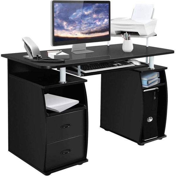 Scrivania Per Computer Costway Con Cassetto Per Tastiera E Cassetti, Vassoio Per Stampante, Scrivania Per Ufficio, Tavolo Per Pc Nero-image