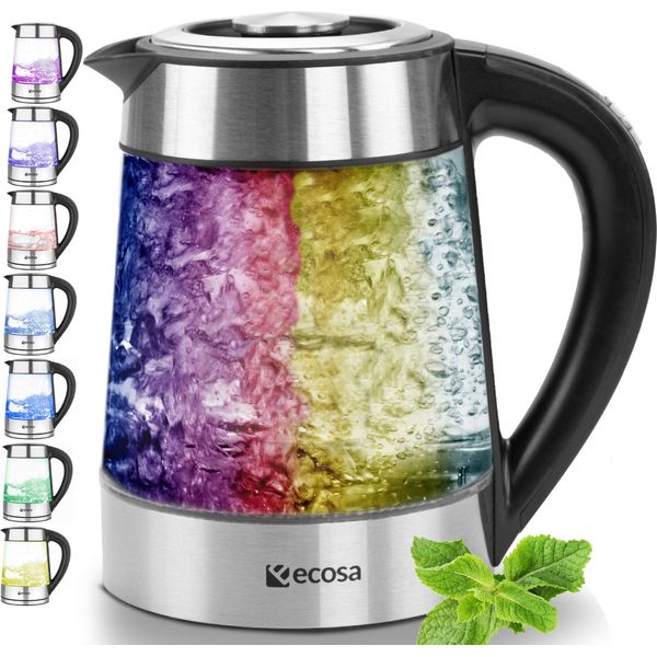 Bollitore In Vetro Ecosa Con Impostazione Della Temperatura | 40°C - 100°C | Illuminazione A Led | Acciaio Inox Di Alta Qualità | Filtro Anticalcare | 1,7 L | 2200 W-image