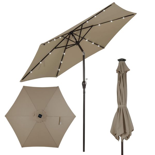 Costway Ombrellone 270 Cm Con Illuminazione Solare A Led E Manovella Ombrellone A Semaforo Ombrellone Da Giardino Ombrellone Da Mercato Ombrellone Da Spiaggia Ombrellone A Manovella Marrone-image