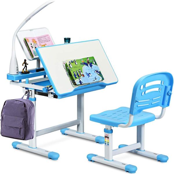 Scrivania Per Bambini Costway Regolabile In Altezza, Scrivania Con Lampada E Cassetto, Regolabile In Inclinazione, Scrivania Per Bambini Con Sedia Blu-image