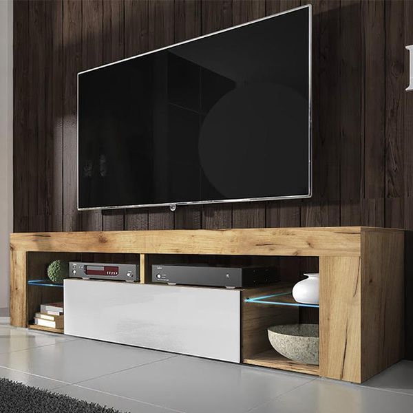 Mobiletto Tv Selsey Bianko Mobiletto Tv Basso In Legno Di Quercia Lancaster Con Ribalta In Bianco Lucido Con Illuminazione Led In Piedi 140 Cm-image