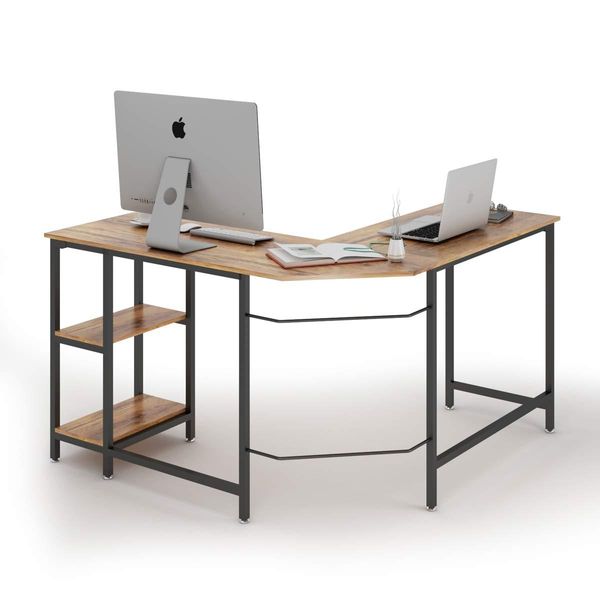 Costway Scrivania Per Computer A L, Scrivania Con Ripiani, Tavolo Da Lavoro In Legno, Tavolo Da Ufficio, Tavolo Per Pc, Tavolo Per Laptop, Tavolo Angolare-image