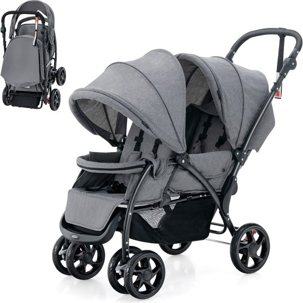 Costway Passeggino Combinato Fino A 30 Kg, Passeggino Pieghevole Per Fratelli, Passeggino Con Schienale E Capottina, Passeggino Gemellare Per Bambini Da 6 Mesi, Grigio-image