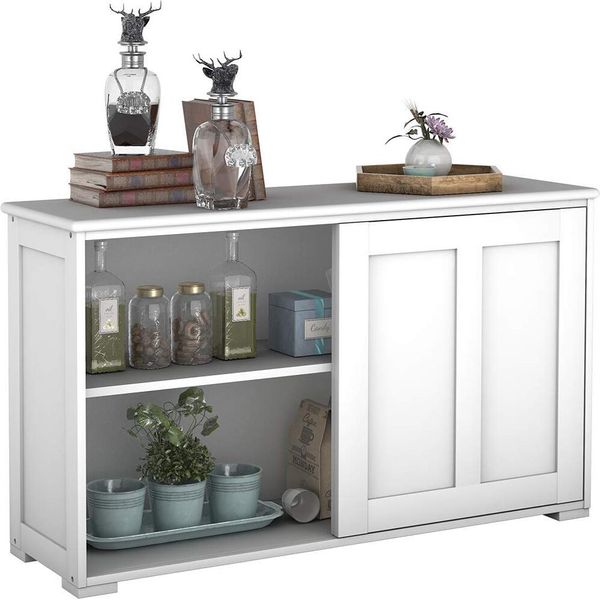 Costway Credenza Beige, Cassettiera Credenza Credenza Cucina Credenza Bagno Credenza Laterale Credenza Multiuso Con Ante Scorrevoli-image