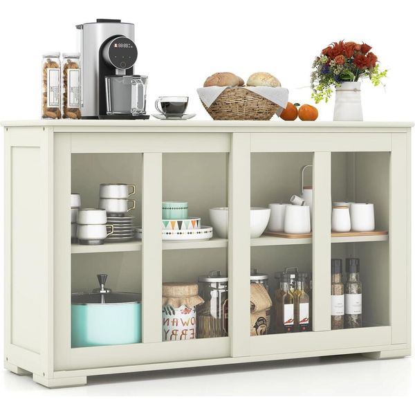Credenza Costway, Mobile Da Cucina Con Ante Scorrevoli In Vetro E Ripiano Regolabile, Mobile Contenitore 107 X 33 X 62,5 Cm, Beige-image