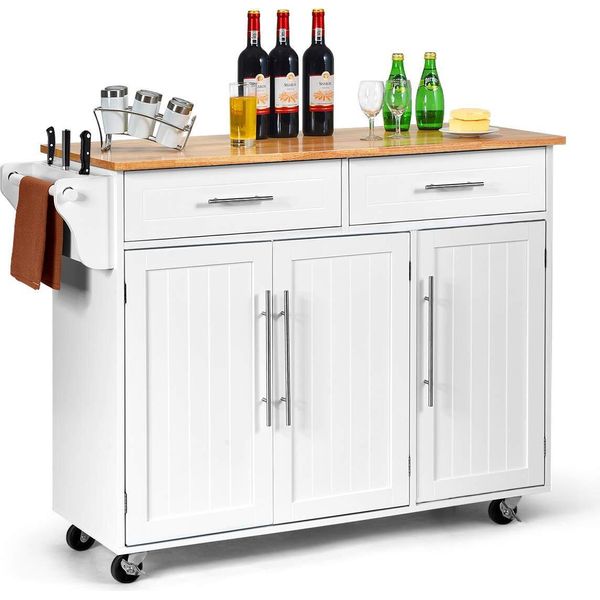Costway Carrello Da Cucina Su Rotelle, Carrello Di Servizio, Mobile Da Cucina Con Cassetti E Piano Di Lavoro, Carrello Laterale, Mobile Da Cucina A Isola Buffet In Legno Bianco-image