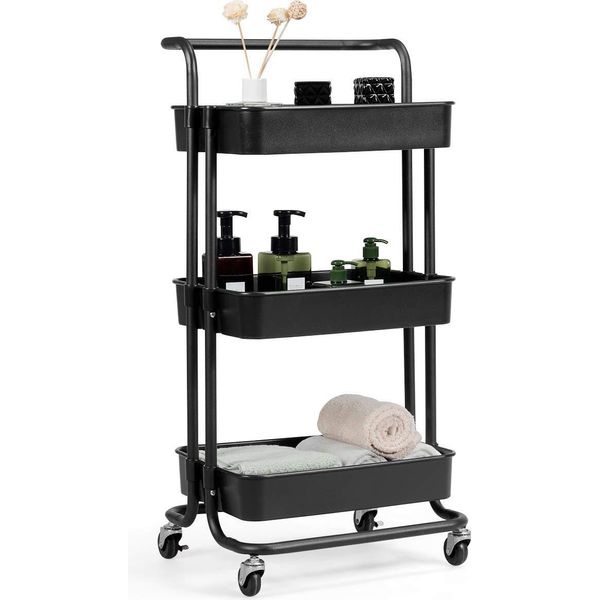 Costway Carrello Portavivande Su Rotelle, Carrello Da Cucina In Metallo, Carrello A 3 Ripiani, Carrello Multiuso Carrello Laterale Carrello Da Bagno Carrello Da Cucina Carrello Per La Casa Nero-image