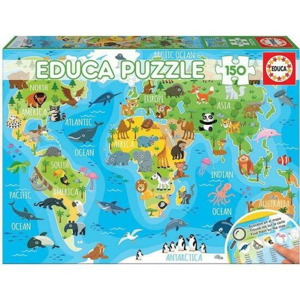 Educa 18115, Mappa Del Mondo Con Animali, Puzzle Da 150 Pezzi Per Bambini-image