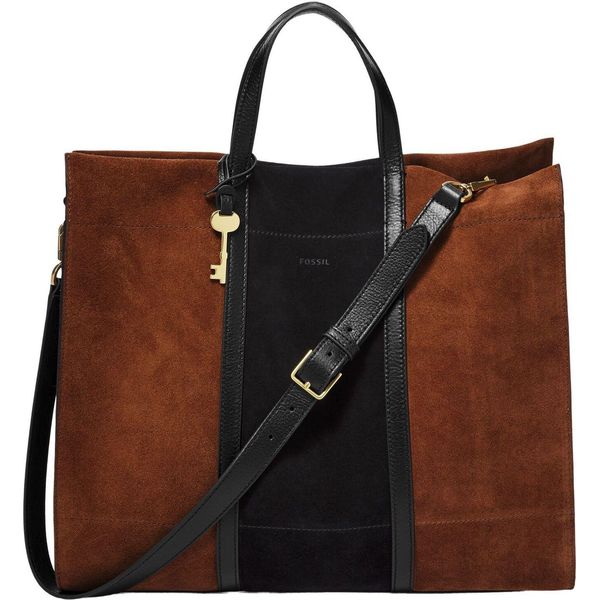 Fossil Pelle Borsa Shopper Borsa A Tracolla Carmen Tote Brown / Black Marrone Nero-image