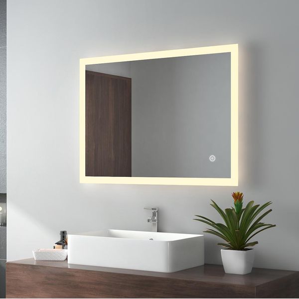 Emke Specchio Da Bagno A Led Con Illuminazione Bianco Caldo/Neutro/Bianco Freddo 80X60Cmspecchio Da Bagno Con Interruttore A Sfioramento Senza Nebbia 3 Colori Di Luce Efficienza Energetica-image