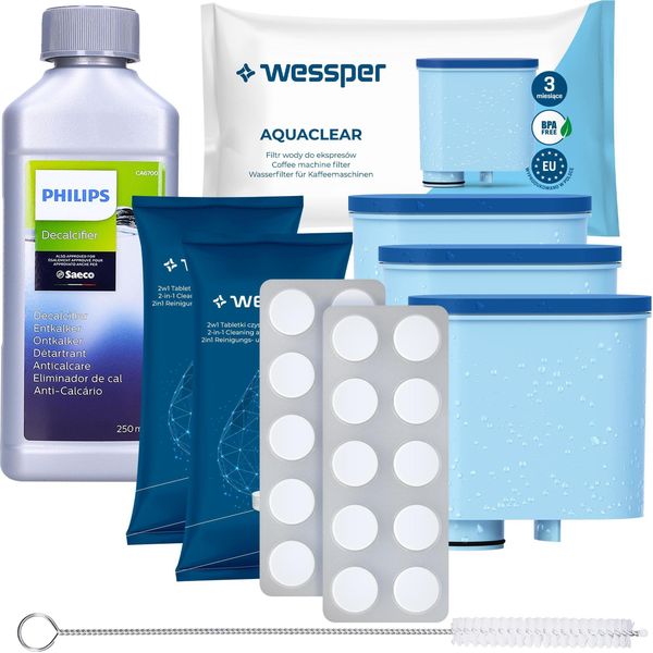 Set Per Saeco Philips Wessper 3 Pezzi, Cleaneo 10Tab, CA6700/10 CA6903 CA6704 - Filtro Di Ricambio Aquaclean - Disincrostante Per Macchine Da Caffè Philips Saeco-image
