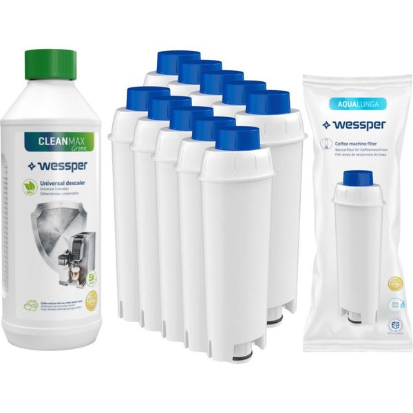 Set Per Macchina Da Caffè Espresso: 10 Cartucce Filtro Acqua Wessper Aqualunga Per Macchine Da Caffè Espresso Delonghi (SER3017 Dls C002) + Decalcificante Wessper Cleanmax 500Ml-image