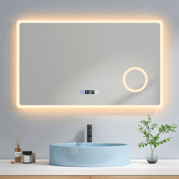 Emke Specchio Da Bagno A Led 100X60Cm Specchio Da Parete Con 3 Colori Di Luce 3000-6500K Specchio Da Bagno Con Interruttore A Sfioramento + Specchio Per Il Trucco Con 3 Ingrandimenti-image