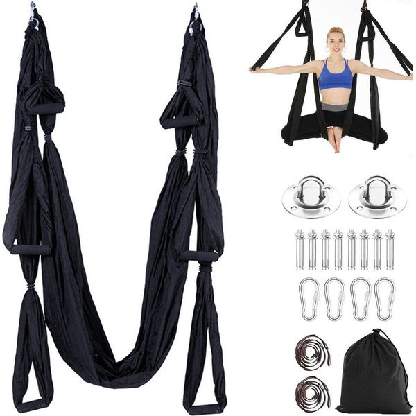 Topchances Aerial Yoga Hammock Set Air Silk Yoga Kit Anti-Gravity Swing/Sling/Inversion Tool Fitness Yoga Props (Nero)-image