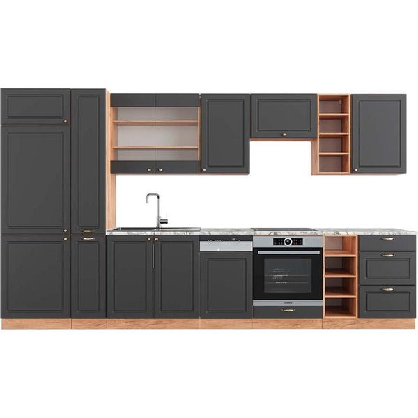Vicco Cucina Componibile Fame-Line, 355 Cm , Pt Marmo, Antracite Country House/Oro Kraft Oak/Quercia Dorata-image