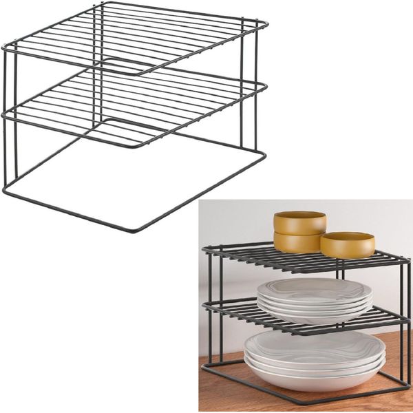 Scaffale Angolare In Metallo Cucina Nero Scaffale Per Piatti Scaffale Per Piatti Inserto Per Armadio Ad Angolo 2 Livelli-image