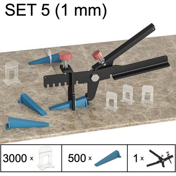 Sistema Di Livellamento Delle Piastrelle Aiuto Alla Posa Sistema Di Piani Per Piastrelle, Set 5, 3000 Clip, 500 Cunei, Pinze, 1 Mm-image