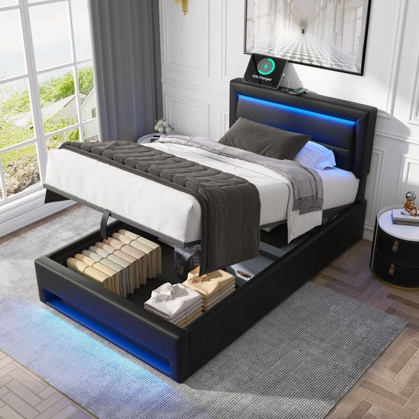 Letto Imbottito Flieks 90X190Cm Con Usb, Letto A Molle Idrauliche Con Led, Letto Contenitore Per Ragazzi Con Rete A Doghe, Letto Singolo In Legno, Pu, Nero-image