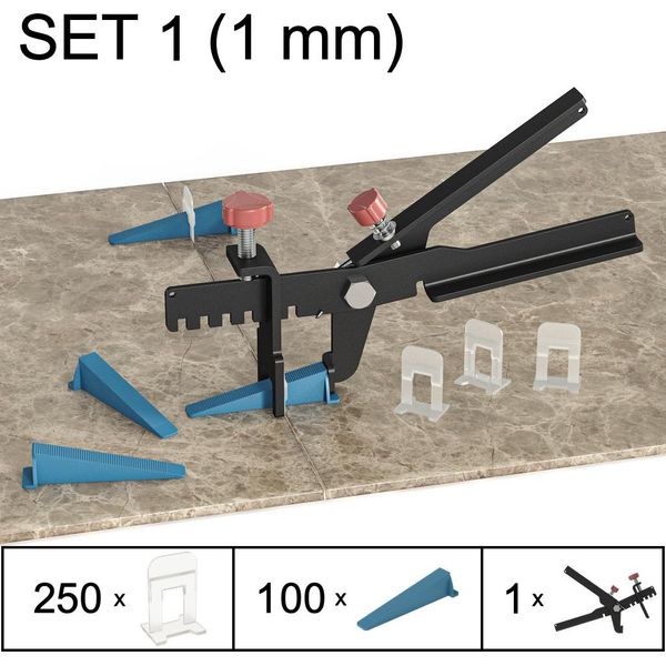 Sistema Di Livellamento Delle Piastrelle Aiuto Alla Posa Sistema Di Piani Per Piastrelle, Set 1, 250 Clip, 100 Cunei, Pinze, 1 Mm-image