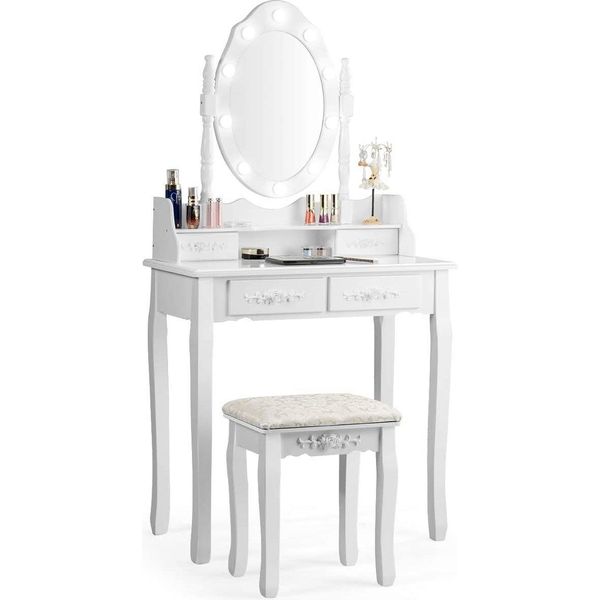 Tavolino Da Toilette Costway Con Sgabello, Specchio Girevole A 360° E 10 Lampadine Led Dimmerabili, Tavolino Da Toilette Con Tavolo E Piano Estraibile, Tavolino Cosmetico Con 4 Cassetti, 75 X 40 X 146 Cm (Bianco)-image