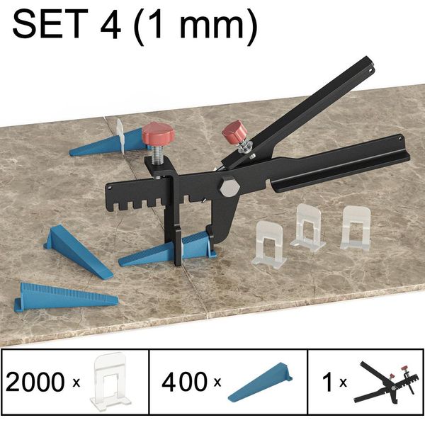 Sistema Di Livellamento Delle Piastrelle Aiuto Alla Posa Sistema Di Piani Per Piastrelle, Set 4, 2000 Clip, 400 Cunei, Pinze, 1 Mm-image