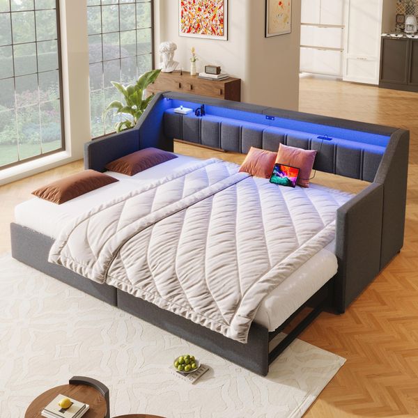 Letto Imbottito Flieks 90X200Cm Con Letto Estraibile E Cassetti, Divano Letto Daybed Con Led E Funzione Di Ricarica, Letto Singolo Daybed, Lino, Grigio-image