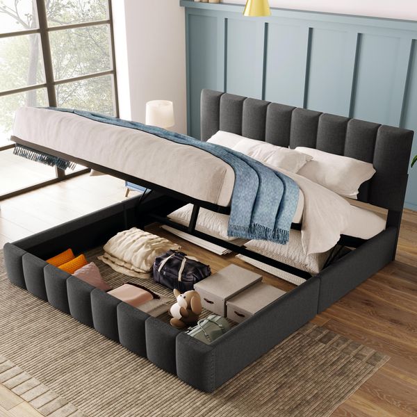 Letto Imbottito Merax 140X200Cm Con Rete E Doghe, Rete A Molle Idrauliche Letto Matrimoniale Letto Contenitore Per Biancheria, Grigio-image
