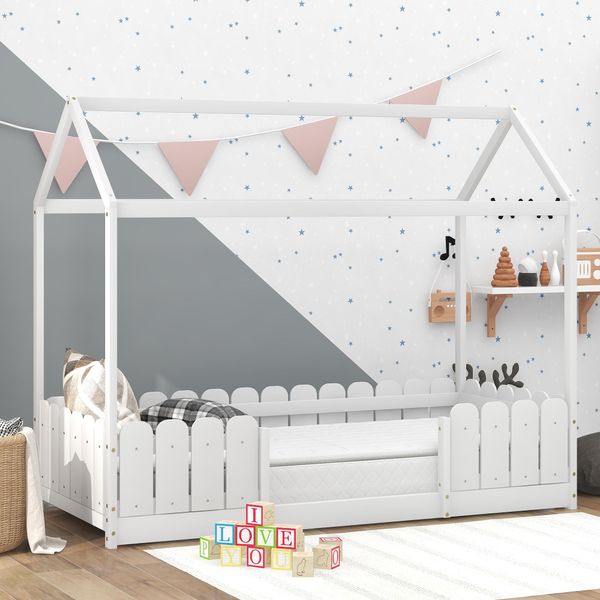 Letto Per Bambini Merax 90X200Cm Con Protezione Anticaduta E Rete A Doghe, Letto Casa Letto Gioco Letto Per Bambini Casetta Per Bambini In Legno Di Pino, Bianco-image