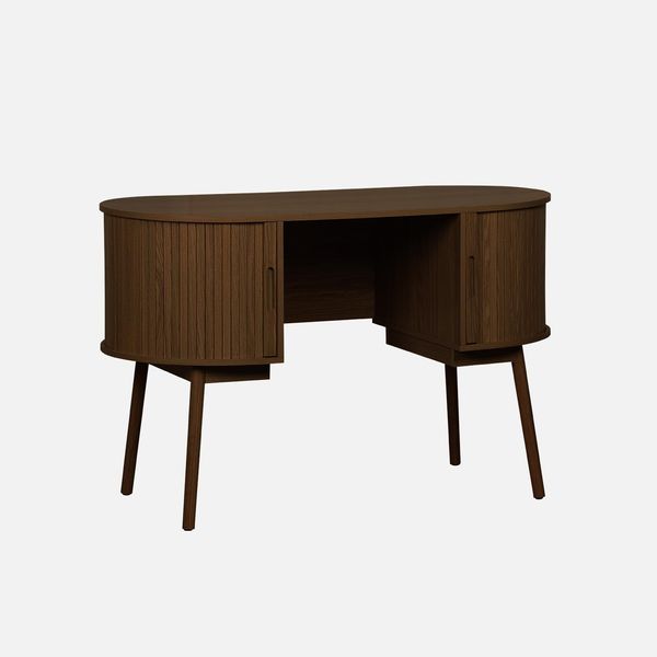 Scrivania Ovale Con Effetto Legno Scanalato E Due Vani Portaoggetti, 120Cm, Noce-image