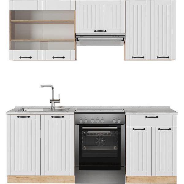 Vicco Cucina Componibile Fame-Line, 200 Cm , Pl Marmo, Bianco Casa Di Campagna/Quercia Dorata-image