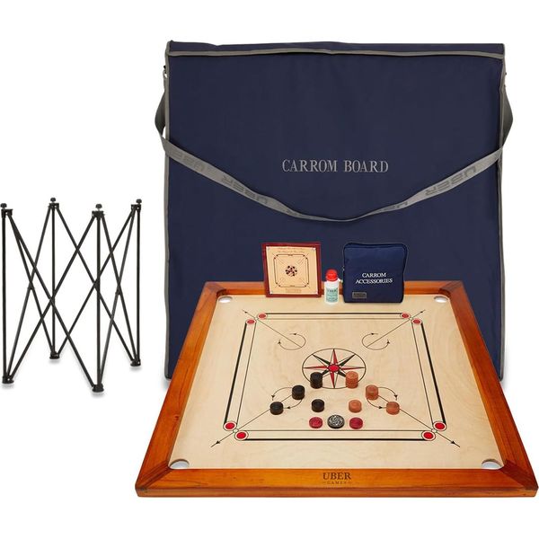 Premium Carrom Board Set - Gioco Completo - 7 Kg - 74 X 74Cm - Legno Duro Eco Di Produzione Indiana - Con Tavolo E Borsa-image