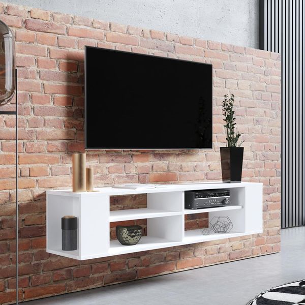 Selsey Weri - Lavagna Tv / Mensola Tv A Parete Bianca Con 4 Scomparti Aperti, Minimalista, Larghezza 140 Cm-image