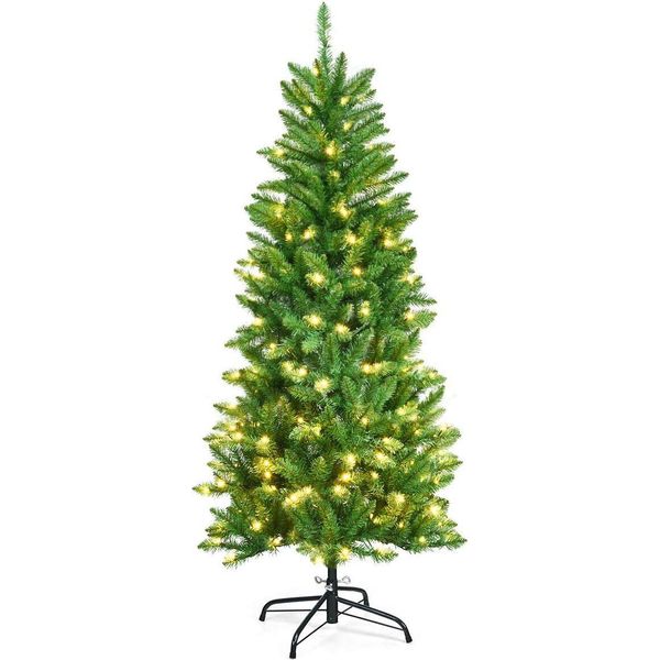 Costway Albero Di Natale A Matita Da 150 Cm Con Luci Led Bianco Caldo, Albero Di Natale Artificiale Con Sistema Pieghevole E Supporto In Metallo, Albero Di Natale Con Aghi In Pvc, Albero Di Natale Artificiale Verde-image