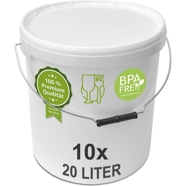 Plasteo® Secchio Da 10X 20 Litri Con Coperchio Secchio In Plastica Ermetico Per Alimenti Secchio In Plastica Secchio Vuoto Secchio Da Trasporto (10X 20 Litri)-image