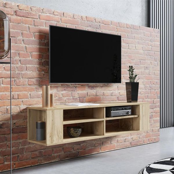 Selsey Weri - Lavagna Tv / Mensola Tv A Parete Wotan In Rovere Con 4 Scomparti Aperti, Minimalista, Larghezza 140 Cm-image